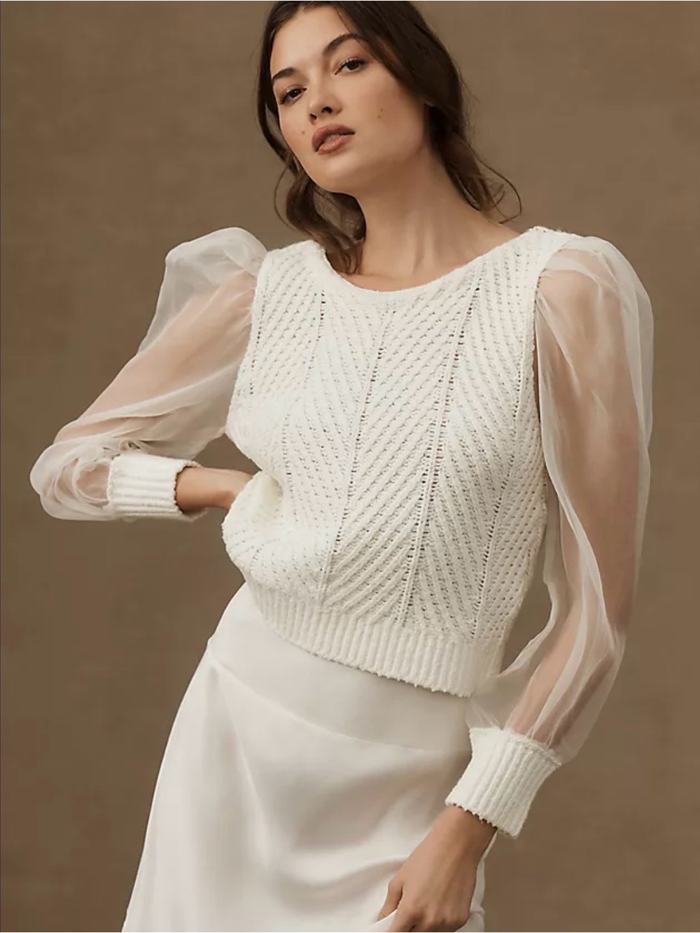 Anthropologie Maeve Cable Knit Sweater with silk sleeves M